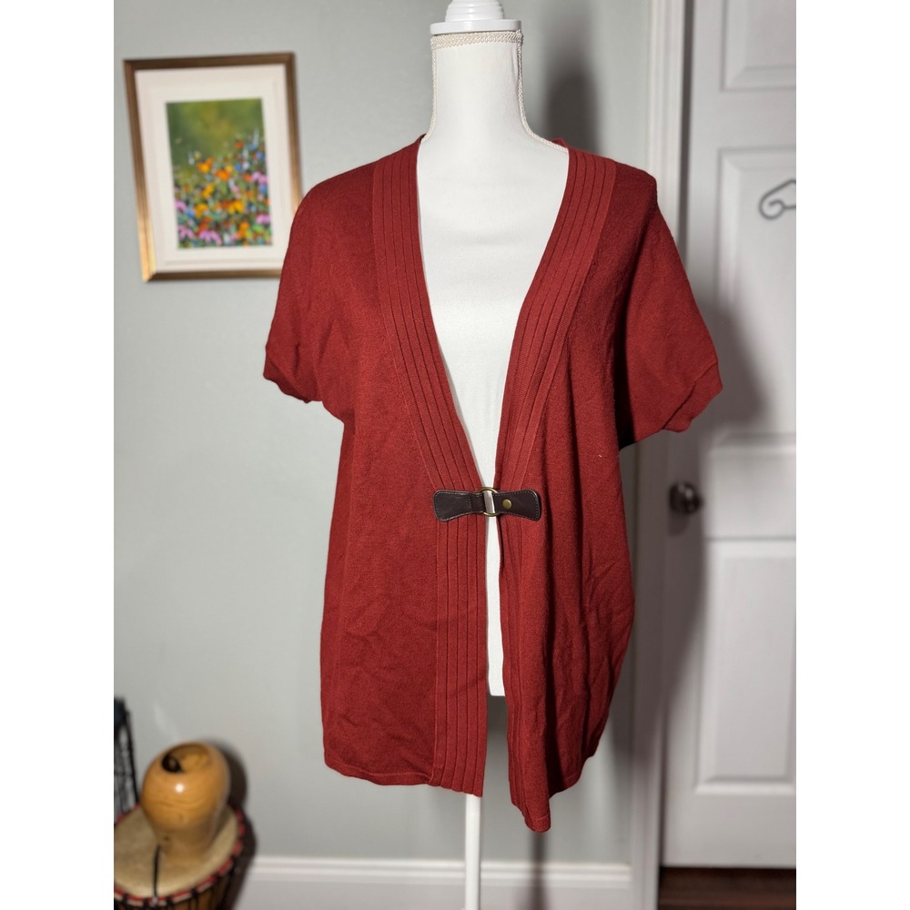 Roz & Ali rust open front cardigan with faux leather buckle, size large